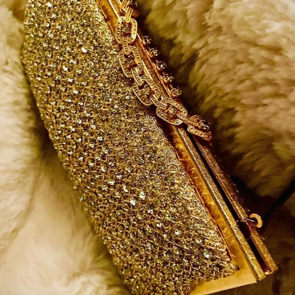 ♥️ Vintage Rhinestone Gold Women's Clutch Purse 60s Hong Kong
